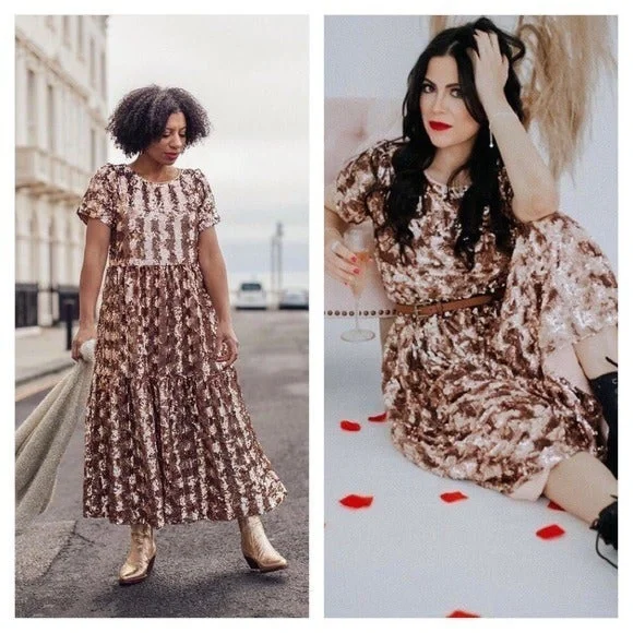 Anthropologie | Dresses | Anthropologie Maeve Bernadette Rode Gold Sequin  Midi Dress | Poshmark